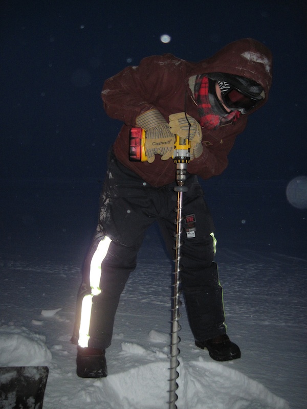 Greg Deemer drilling his first hole in sea ice, Jan, 2011. Photo by Andy Mahoney